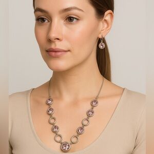 Pink Silver Jewelry Set Necklace and‎ Earrings Rhinestones Valentine’s gift